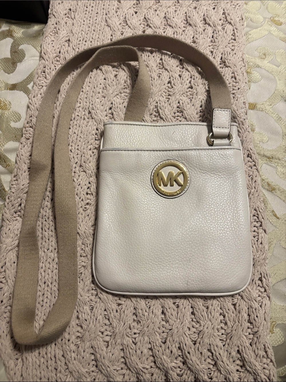 Michael Kors White Leather Crossbody with Tan Strap and Gold MK Logo